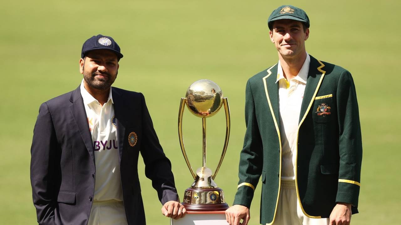 Captains Rohit Sharma and Pat Cummins pose with the Border-Gavaskar Trophy ahead of the series, 1st Test, Nagpur, February 8, 2023