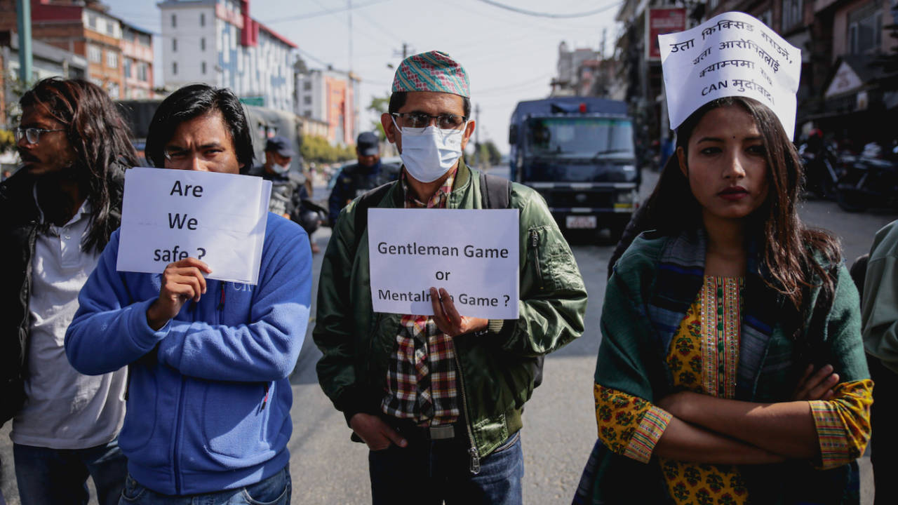 Activists protest against the decision of Cricket Association of Nepal to revoke the suspension on Sandeep Lamichhane, Kathmandu, February 4, 2023