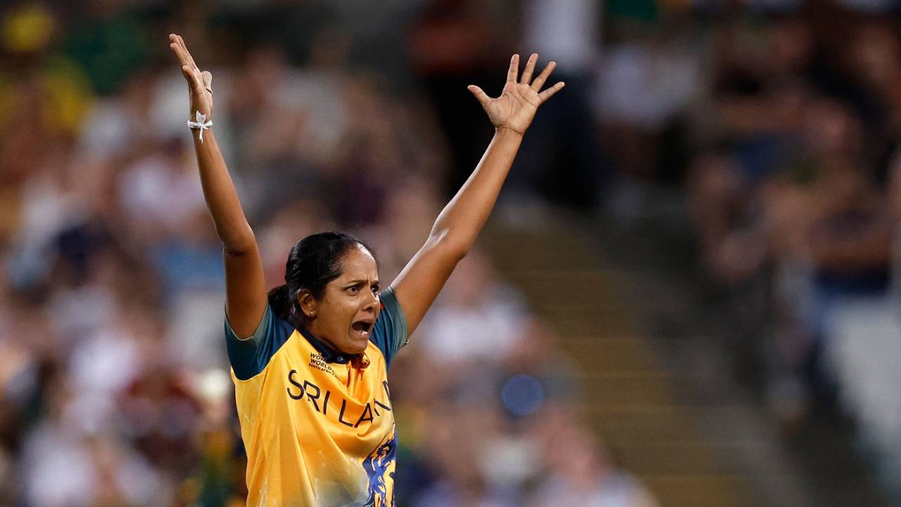 Inoka Ranaweera celebrates Laura Wolvaardt's wicket