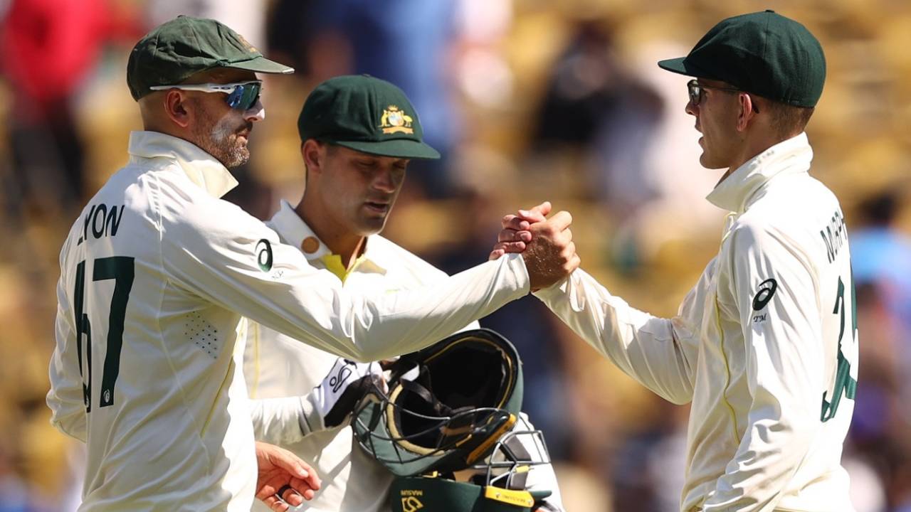 Nathan Lyon congratulates Todd Murphy on his seven-for, 1st Test, Nagpur, third day, February 11, 2023