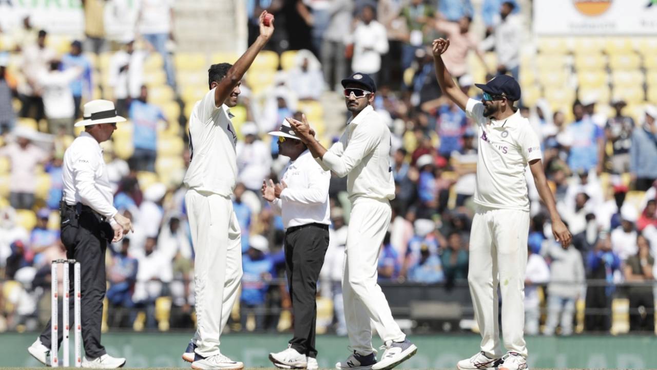 R Ashwin holds the ball aloft after picking another five-wicket haul, India vs Australia, 1st Test, Nagpur, 3rd day, February 11, 2023