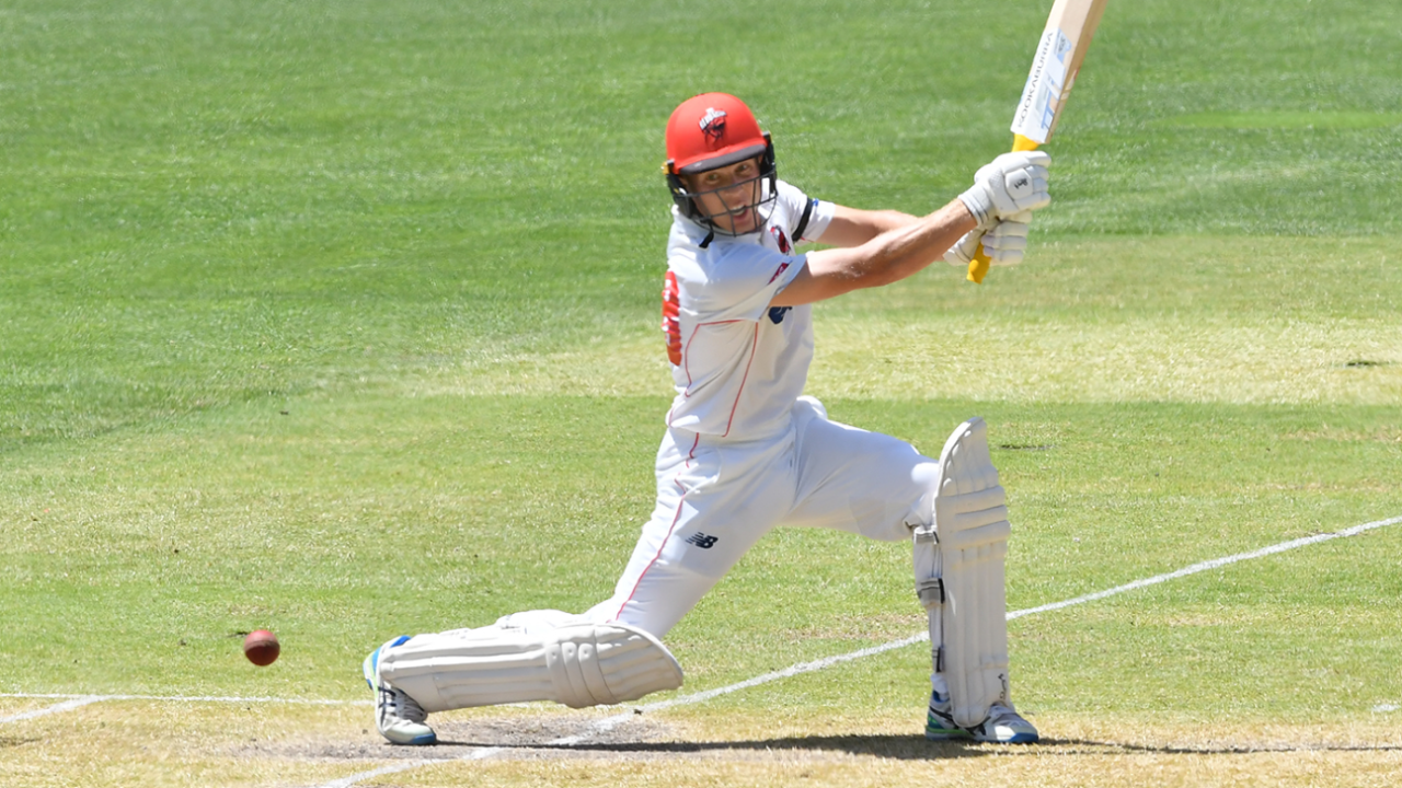 Nathan McSweeney drives during his hundred, South Australia vs Western Australia, Sheffield Shield, Adelaide Oval, February 12, 2023
