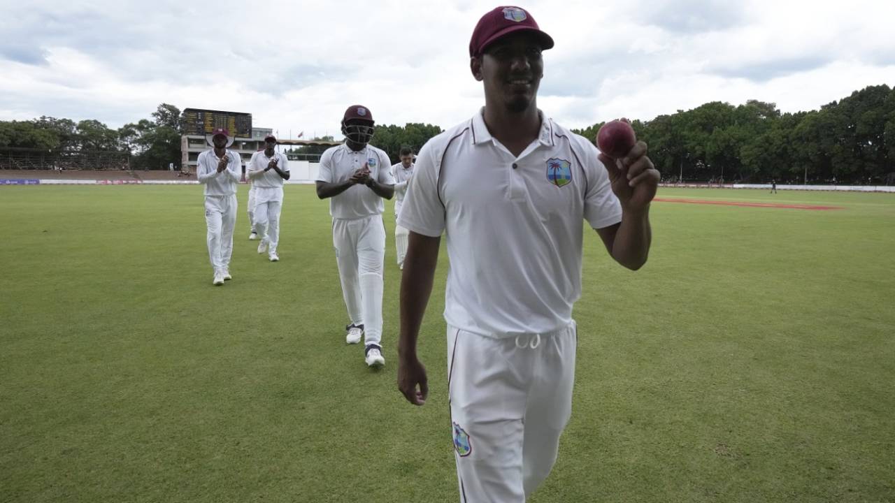 Gudakesh Motie holds up the ball after notching career best figures of 7 for 37, Zimbabwe vs West Indies, 2nd Test, Bulawayo, 1st day, February 12, 2023