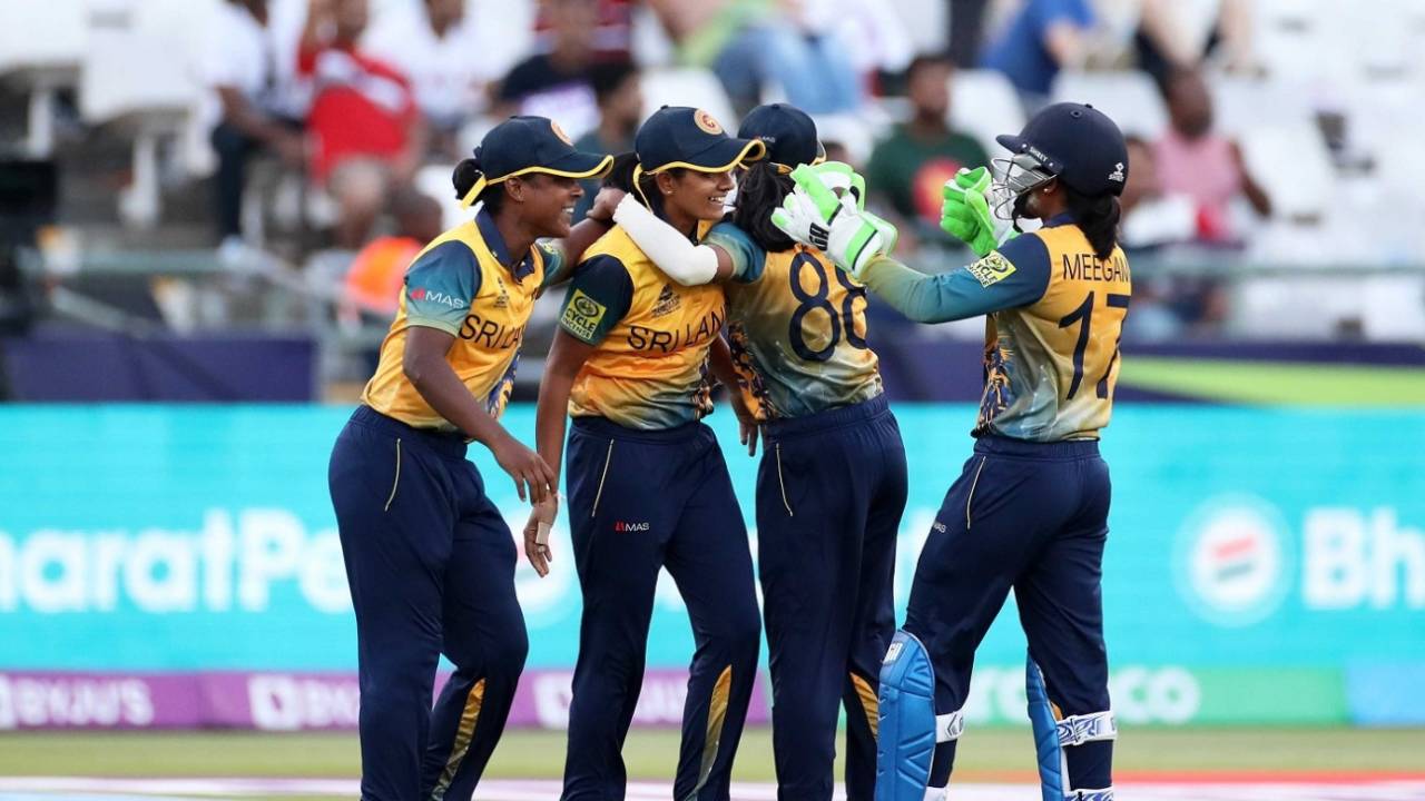 The Sri Lanka players celebrate a wicket, Bangladesh Women vs Sri Lanka Women, Women's T20 World Cup, Group 1, Cape Town, February 12, 2023