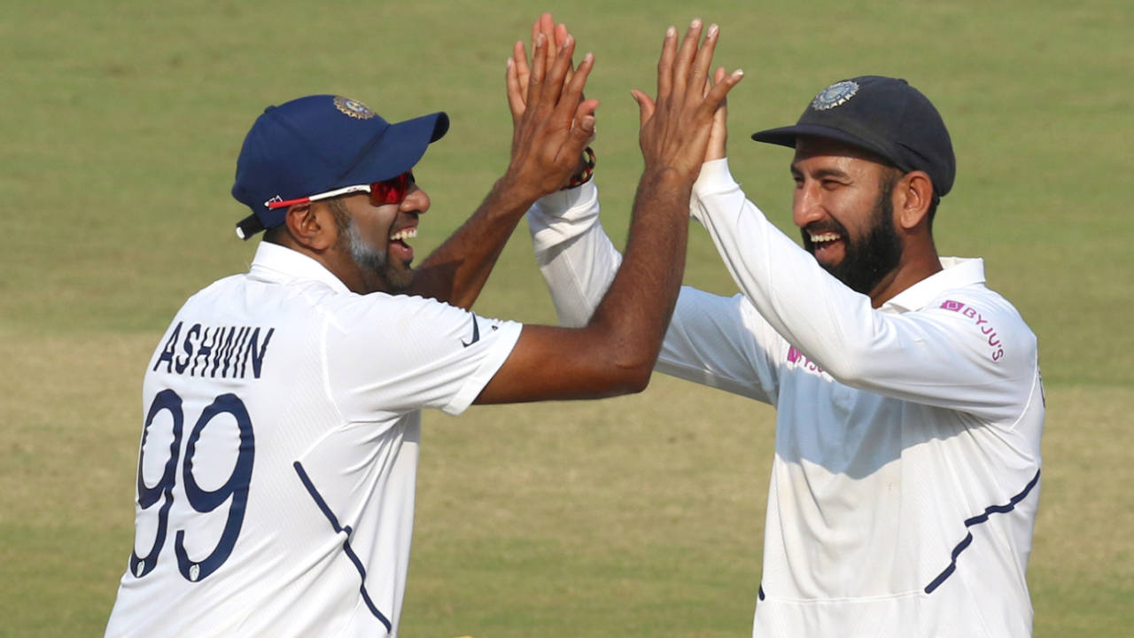 R Ashwin and Cheteshwar Pujara celebrate a wicket, India vs Bangladesh, 1st Test, Indore, 3rd day, November 16, 2019.
