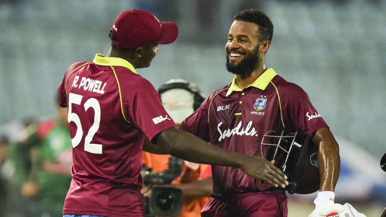 Rovman Powell congratulates Shai Hope after West Indies beat Bangladesh, Bangladesh vs West Indies, 2nd ODI, Dhaka, December 11, 2018