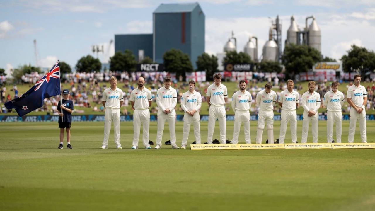 Players observe silence for the lives lost during cyclone Gabrielle, New Zealand vs England, 1st Test, Mount Maunganui, 1st day, February 16. 2023