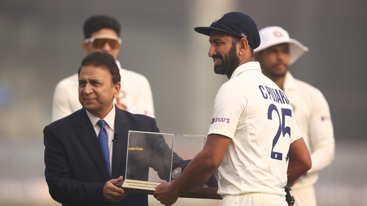 Sunil Gavaskar presents Cheteshwar Pujara with a cap to mark his 100th Test, India vs Australia, 2nd Test, Delhi, February 17, 2023