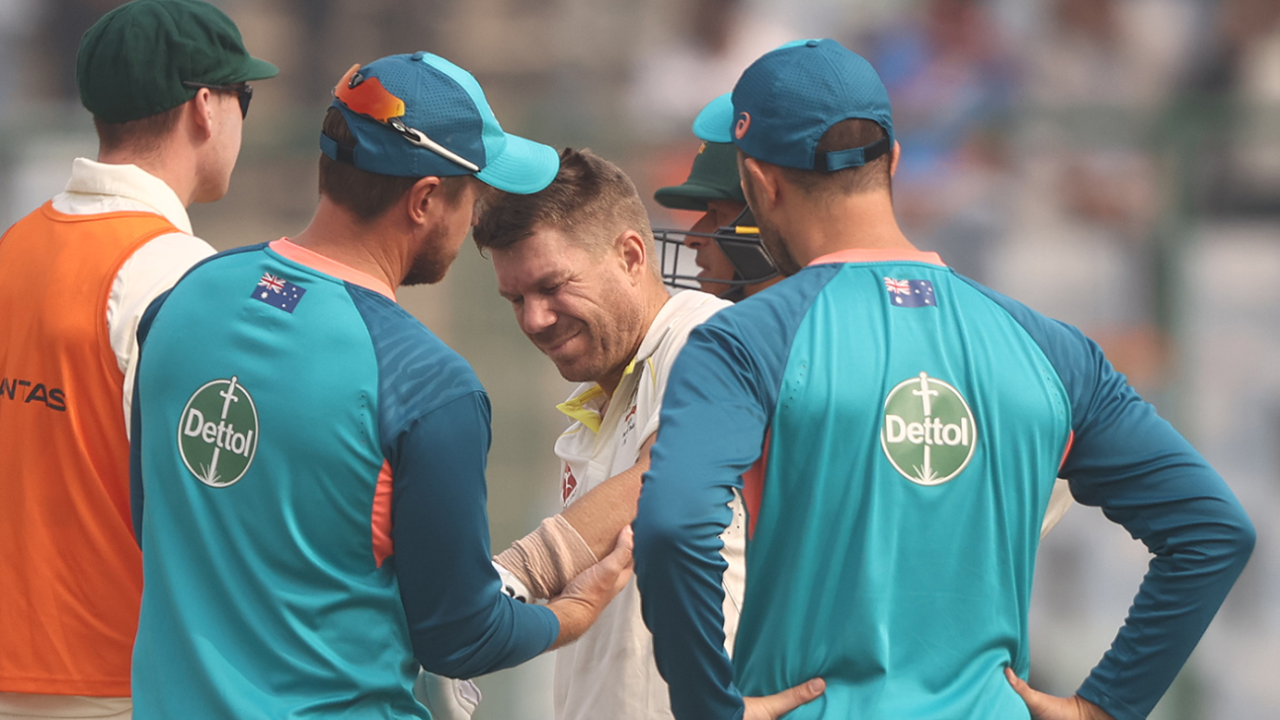 David Warner gets treatment after a blow on the elbow, which was overturned on review India vs Australia, 2nd Test, Delhi, 1st day, February 17, 2023