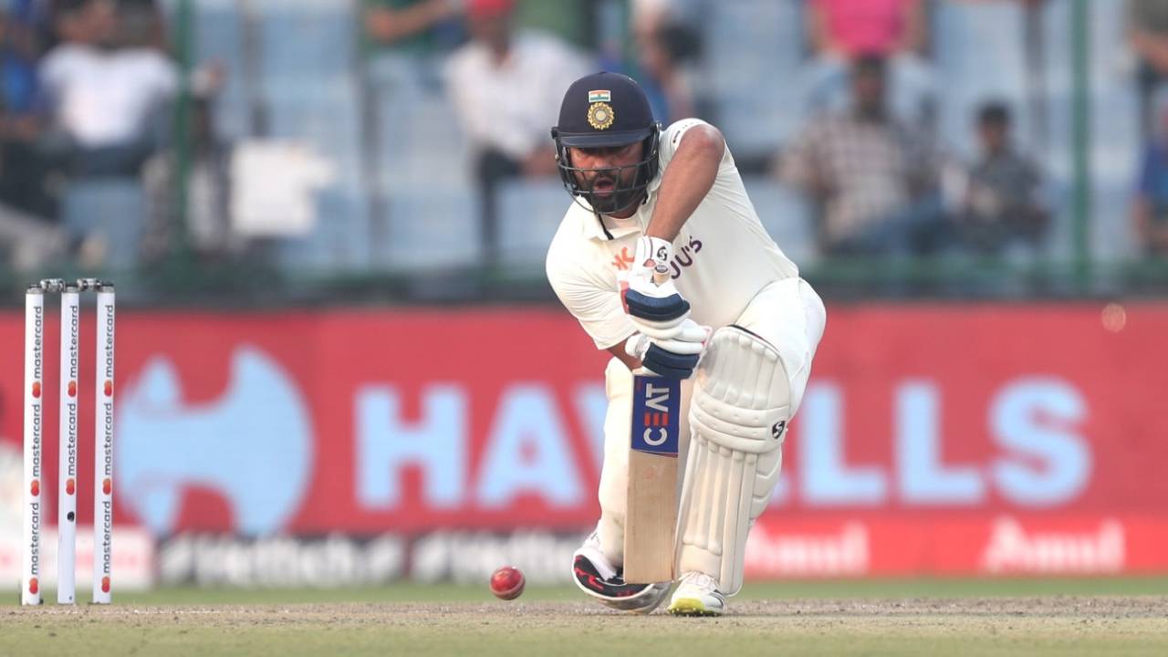 Rohit Sharma defends one on the front foot, India vs Australia, 2nd Test, 1st day, Delhi, February 17, 2023