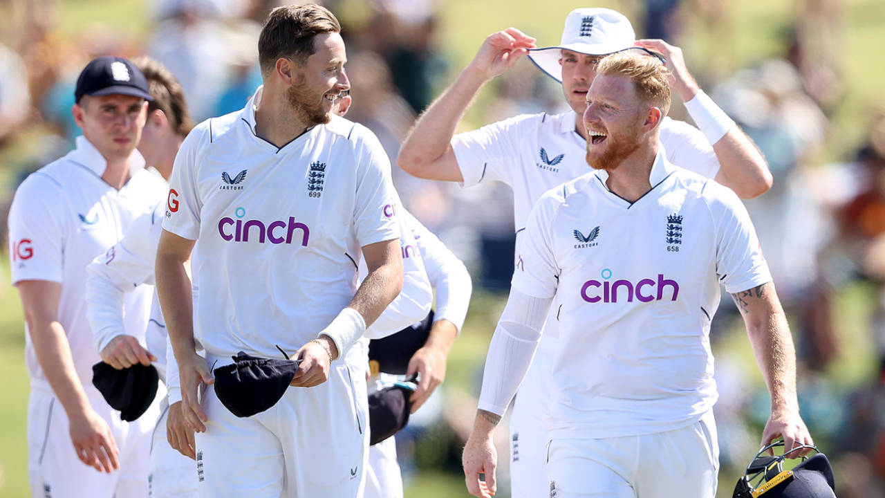 Last laugh: Ollie Robinson and Ben Stokes enjoy the feeling of victory, New Zealand v England, 1st Test, Mount Maunganui, 4th day, February 19, 2023