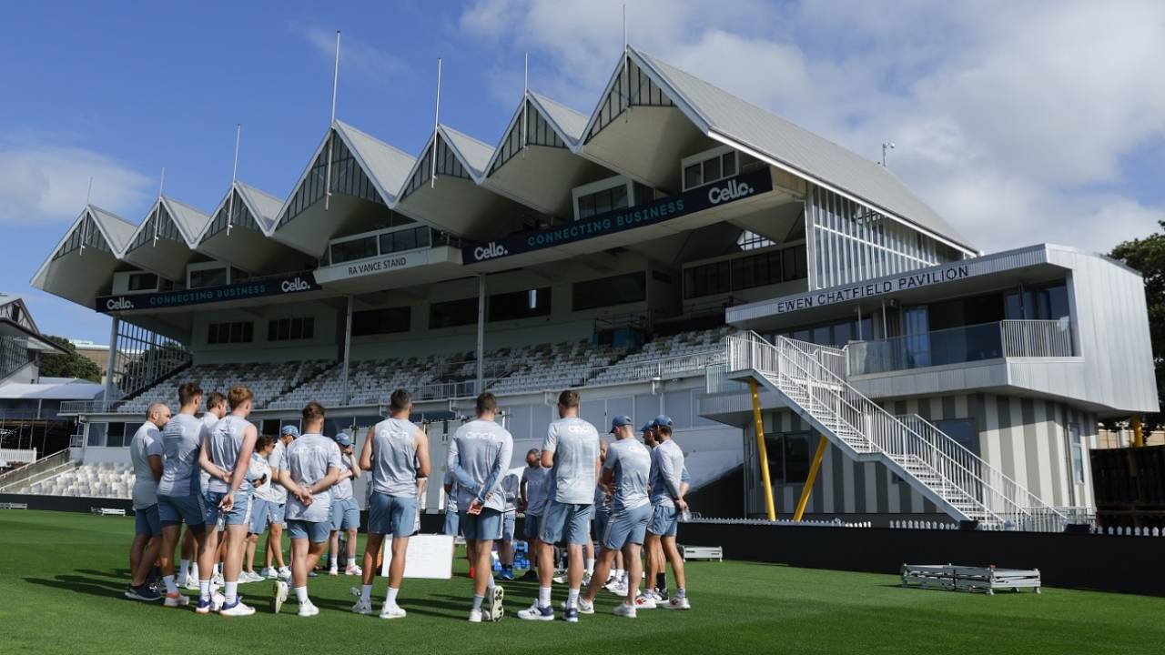 The England team forms a huddle at the Basin Reserve, Wellington, February 22, 2023