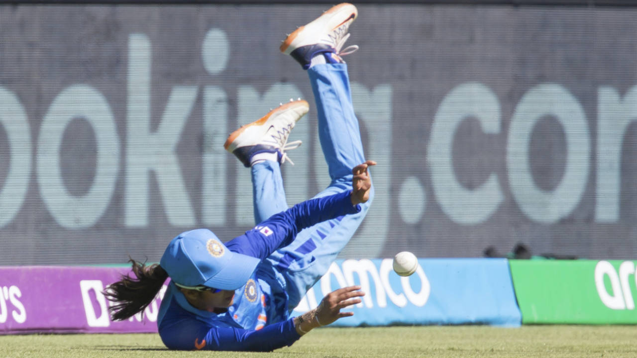 Jemimah Rodrigues slides across the field to stop the ball, Australia vs India, Women's T20 World Cup, semi-final, Cape Town, February 23, 2023