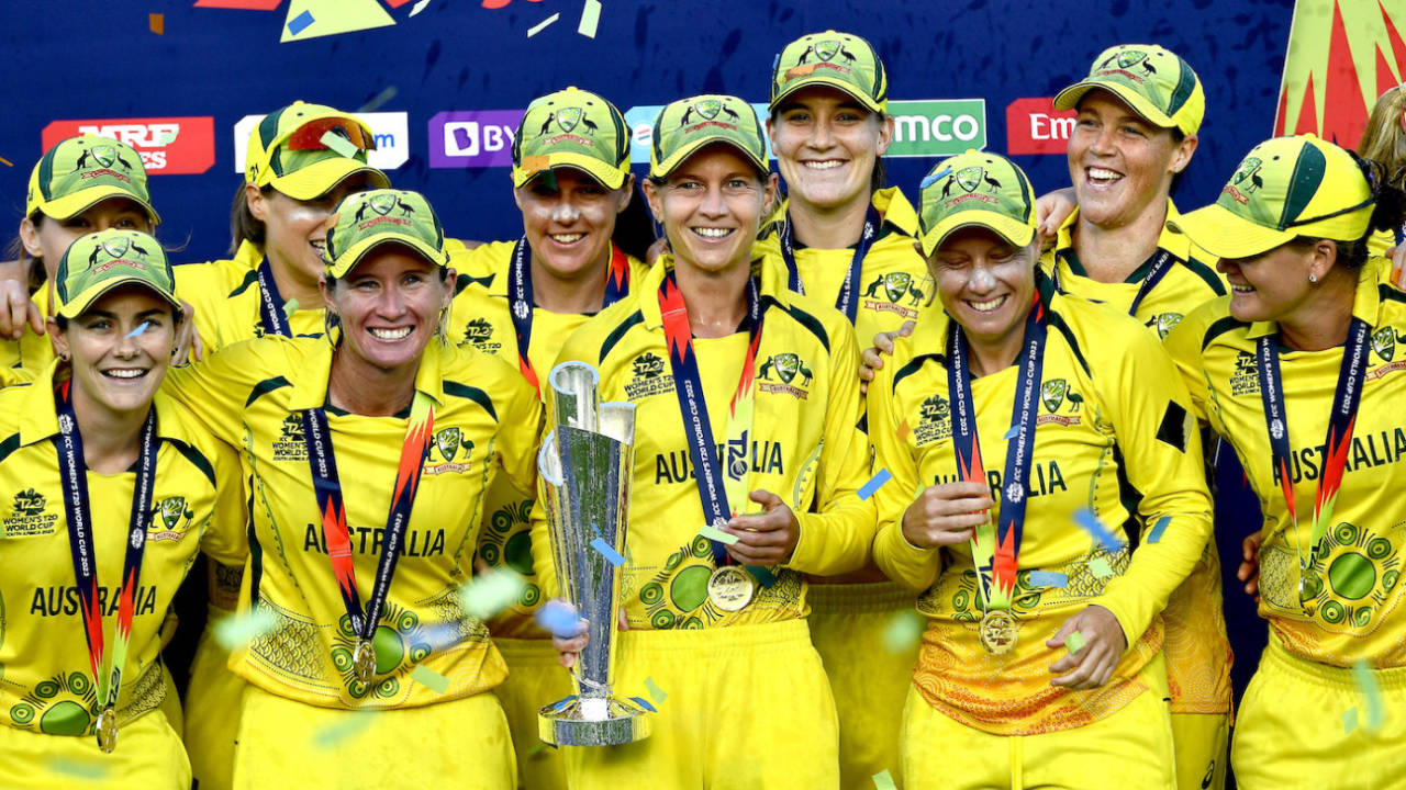 The world champions strike a happy pose on the podium, South Africa vs Australia, Women's T20 World Cup 2023 final, Cape Town, February 26, 2023