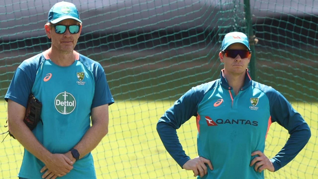 Andrew McDonald and Steven Smith at a training session, Indore, February 27, 2023