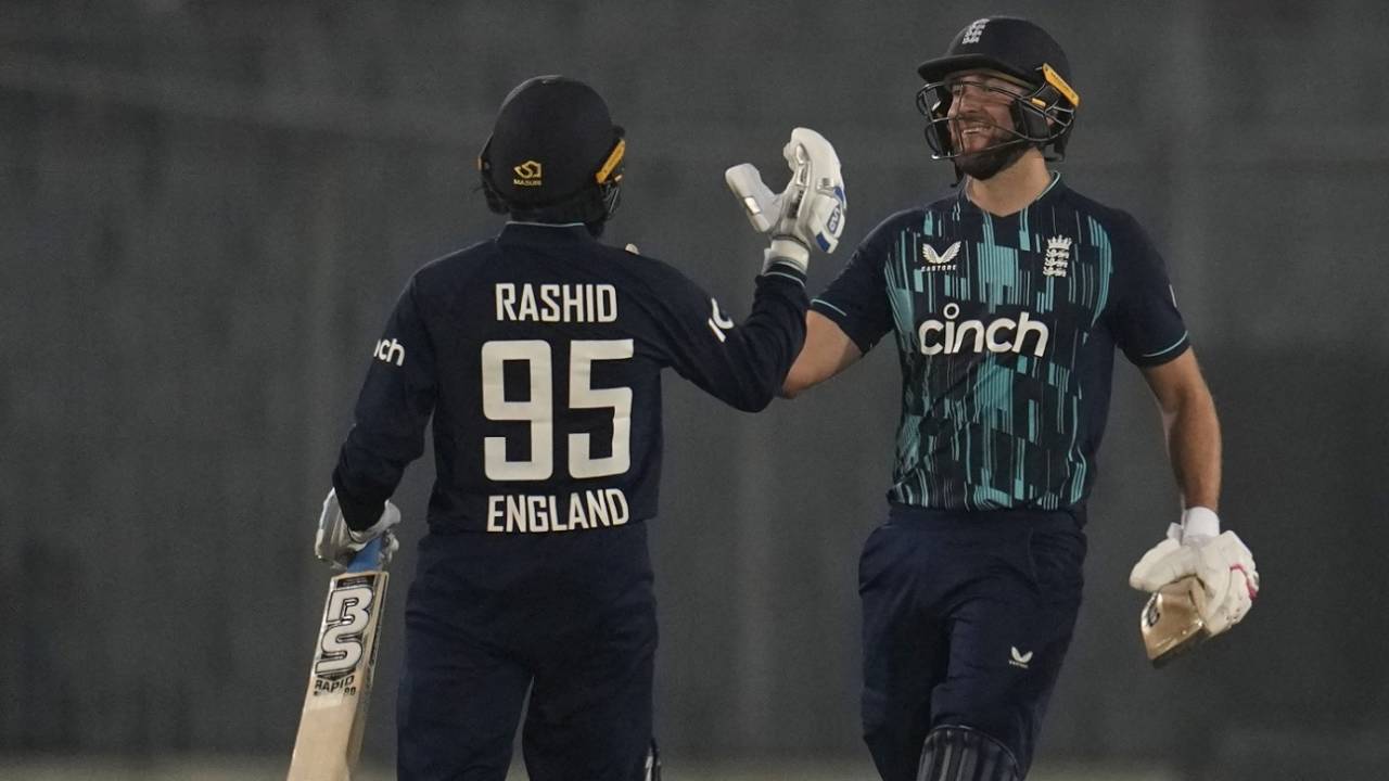 Dawid Malan and Adil Rashid get together after sealing a tricky chase, Bangladesh vs England, 1st ODI, Mirpur, March 1, 2023
