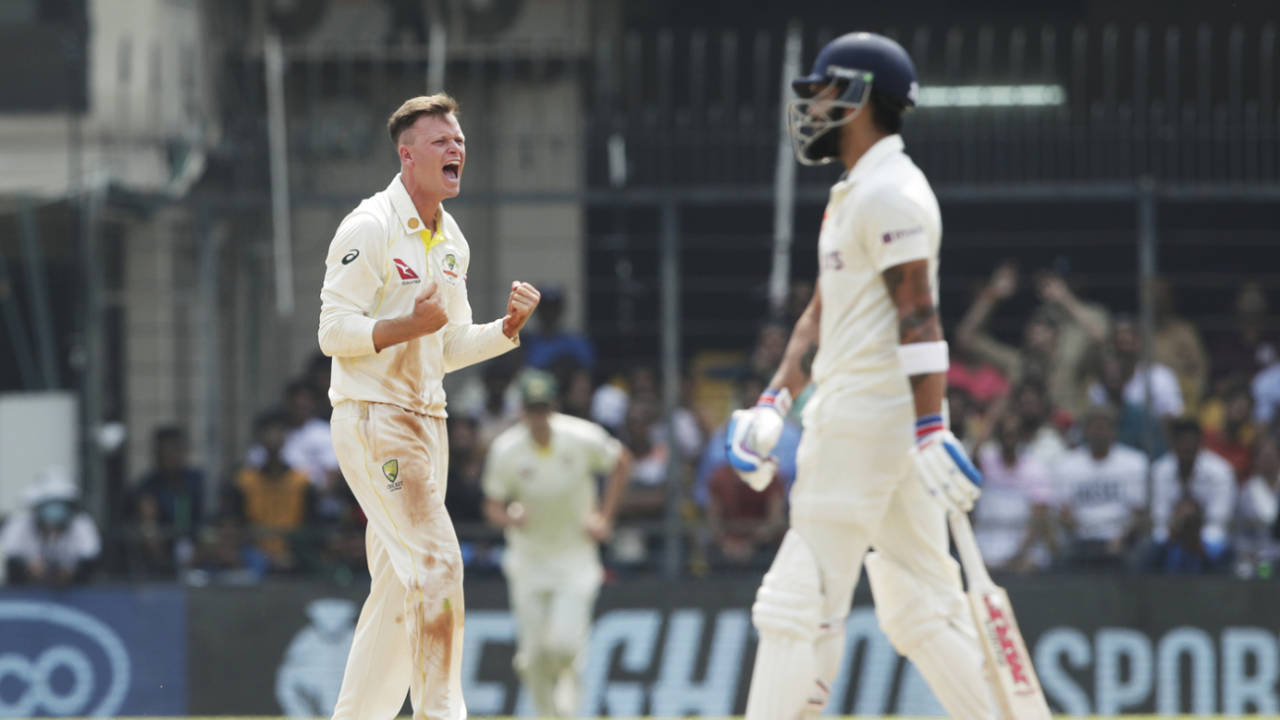 Matthew Kuhnemann roars after pinning Virat Kohli lbw, India vs Australia, 3rd Test, Indore, 2nd day, March 2, 2023