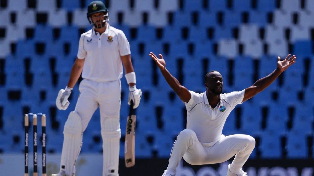 Kemar Roach appeals successfully for the wicket of Aiden Markram, South Africa vs West Indies, 1st Test, Centurion, 3rd day, March 2, 2023 