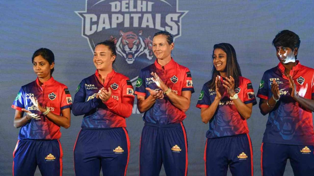 Delhi Capitals players Aparna Mondal, Alice Capsey, Meg Lanning, Jemimah Rodrigues and Arundhati Reddy at a press event ahead of the Women's Premier League, Mumbai, March 2, 2023