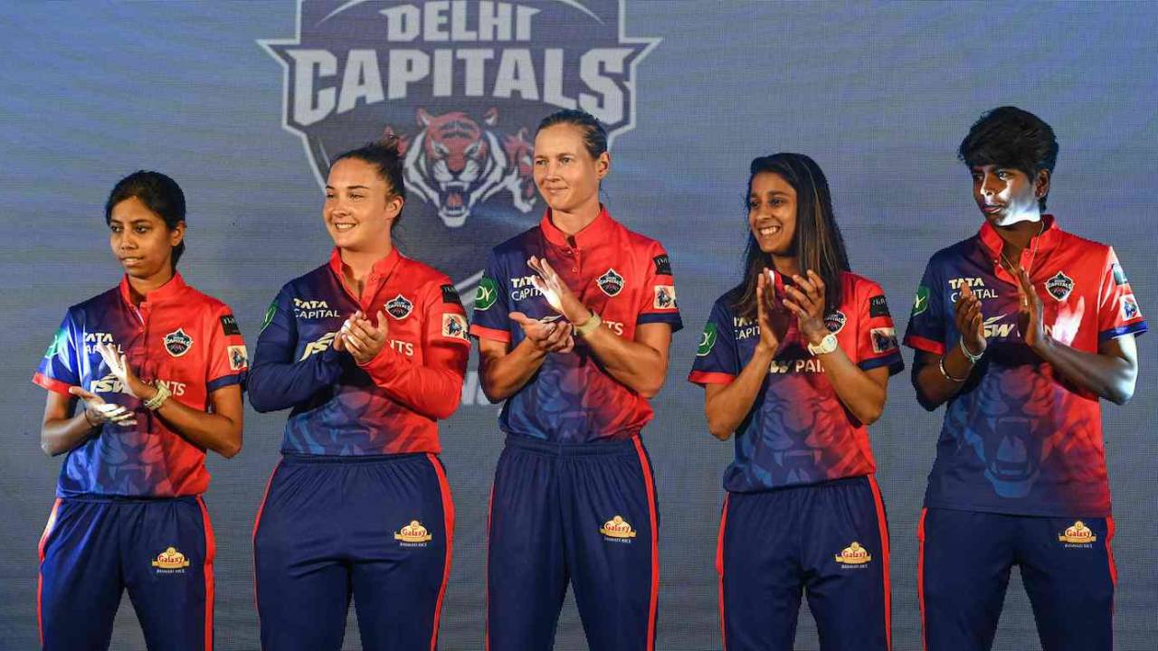 Delhi Capitals players Aparna Mondal, Alice Capsey, Meg Lanning, Jemimah Rodrigues and Arundhati Reddy at a press event ahead of the Women's Premier League, Mumbai, March 2, 2023