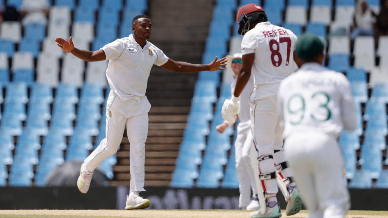 Kagiso Rabada celebrates after sending back Raymon Reifer, South Africa vs West Indies, 1st Test, Centurion, 3rd day, March 2, 2023
