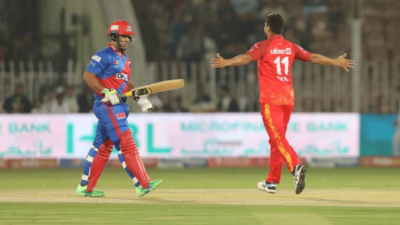 Rumman Raees celebrates the wicket of Sharjeel Khan, Islamabad United vs Karachi Kings, PSL, Lahore, March 03, 2023