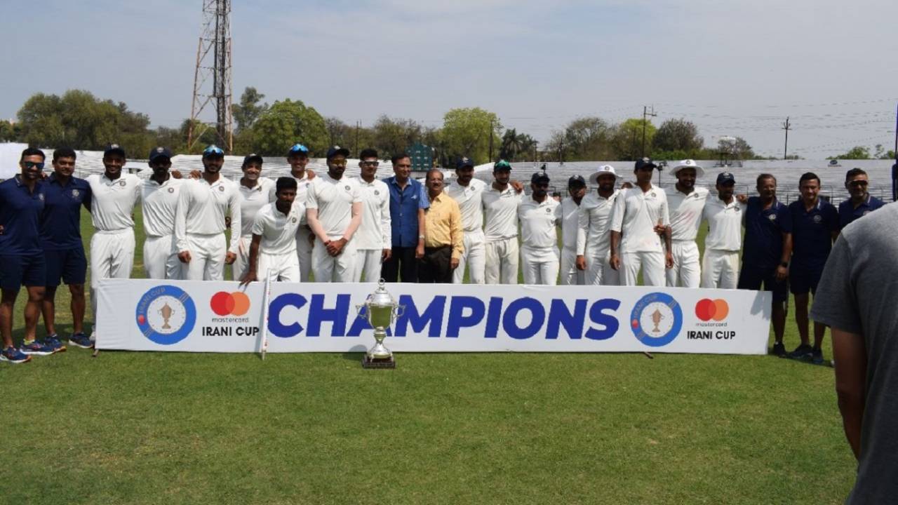 The Rest of India players pose with the Irani Cup, Madhya Pradesh vs Rest of India, Irani Cup, 5th day, March 5, 2023