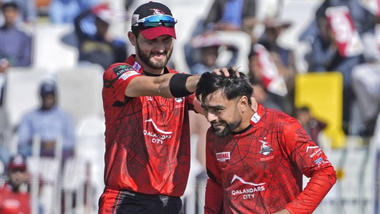 Shaheen Afridi celebrates with Rashid Khan after a wicket falls&nbsp;&nbsp;&bull;&nbsp;&nbsp;PCB