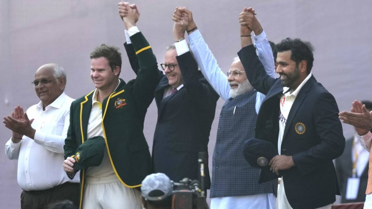 India prime minister Narendra Modi and his Australian counterpart Anthony Albanese raise their hands with Rohit Sharma and Steven Smith, India vs Australia, 4th Test, Ahmedabad, 1st day, March 9, 2023