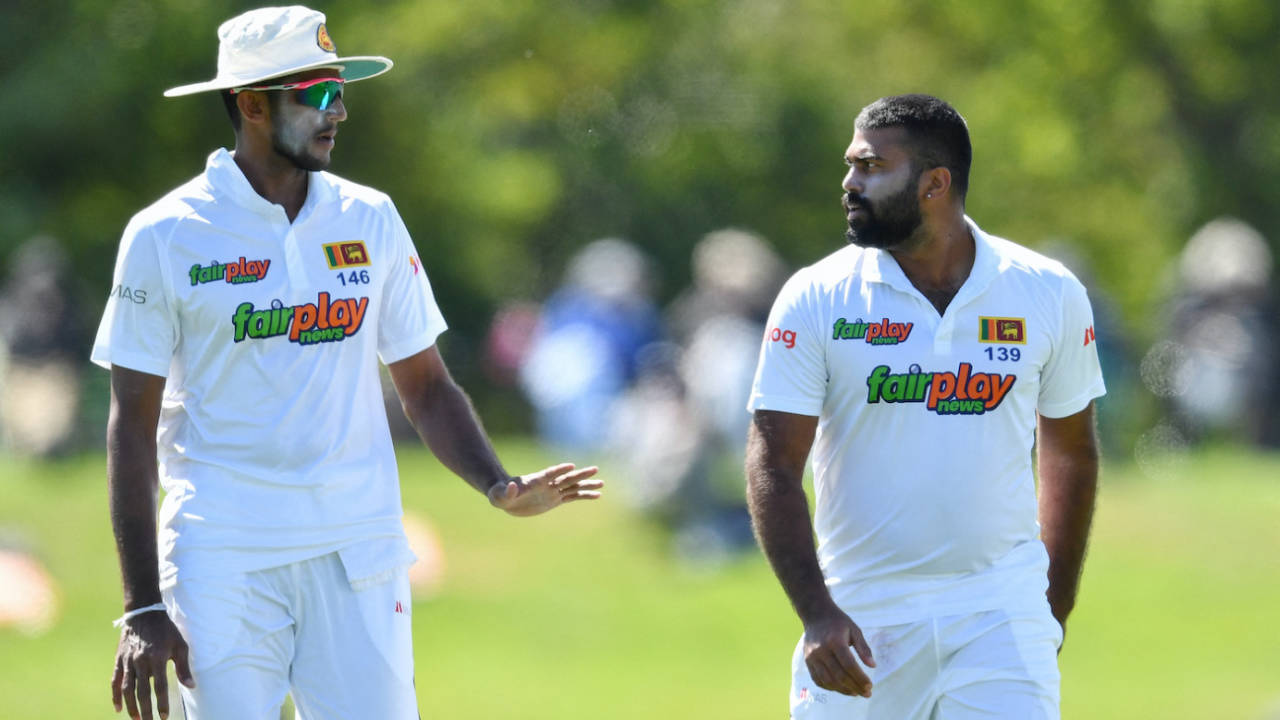 Kasun Rajitha and Lahiru Kumara have a chat, New Zealand vs Sri Lanka, 1st Test, Christchurch, 2nd day, March 10, 2023