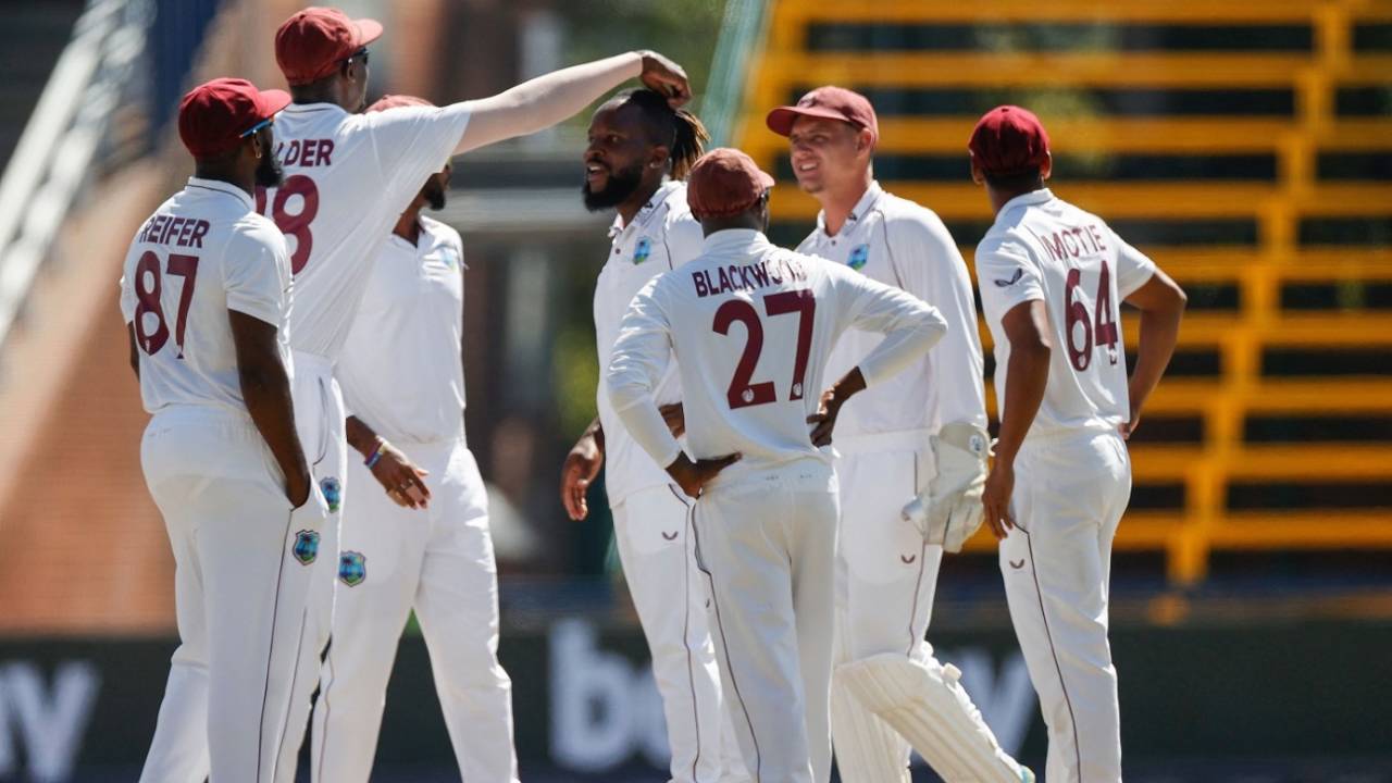 Kyle Mayers is mobbed by his team-mates, South Africa vs West Indies, 2nd Test, Johannesburg, 3rd day, March 10, 2023