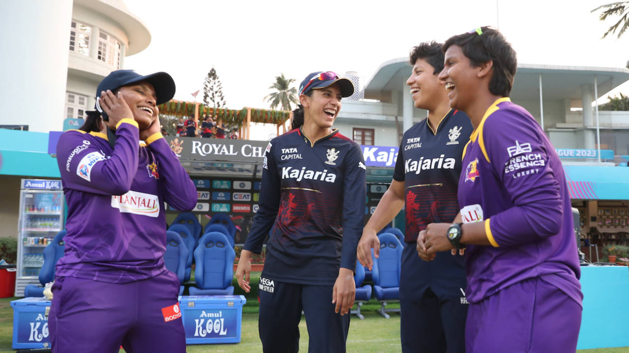 Rajeshwari Gayakwad, Smriti Mandhana, Richa Ghosh and Deepti Sharma catch up before the game, Royal Challengers Bangalore vs UP Warriorz, Women's Premier League, Brabourne Stadium, Mumbai, March 10, 2023
