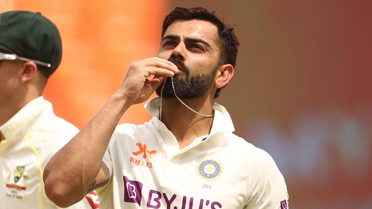 Virat Kohli says a quiet prayer after scoring his first Test century since November 2019, India vs Australia, 4th Test, Ahmedabad, 4th day, March 12, 2023