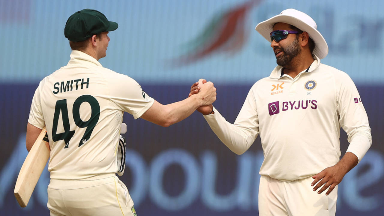The captains shake hands after the only result possible on the lifeless Ahmedabad pitch, India vs Australia, 4th Test, Ahmedabad, 5th day, March 13, 2023