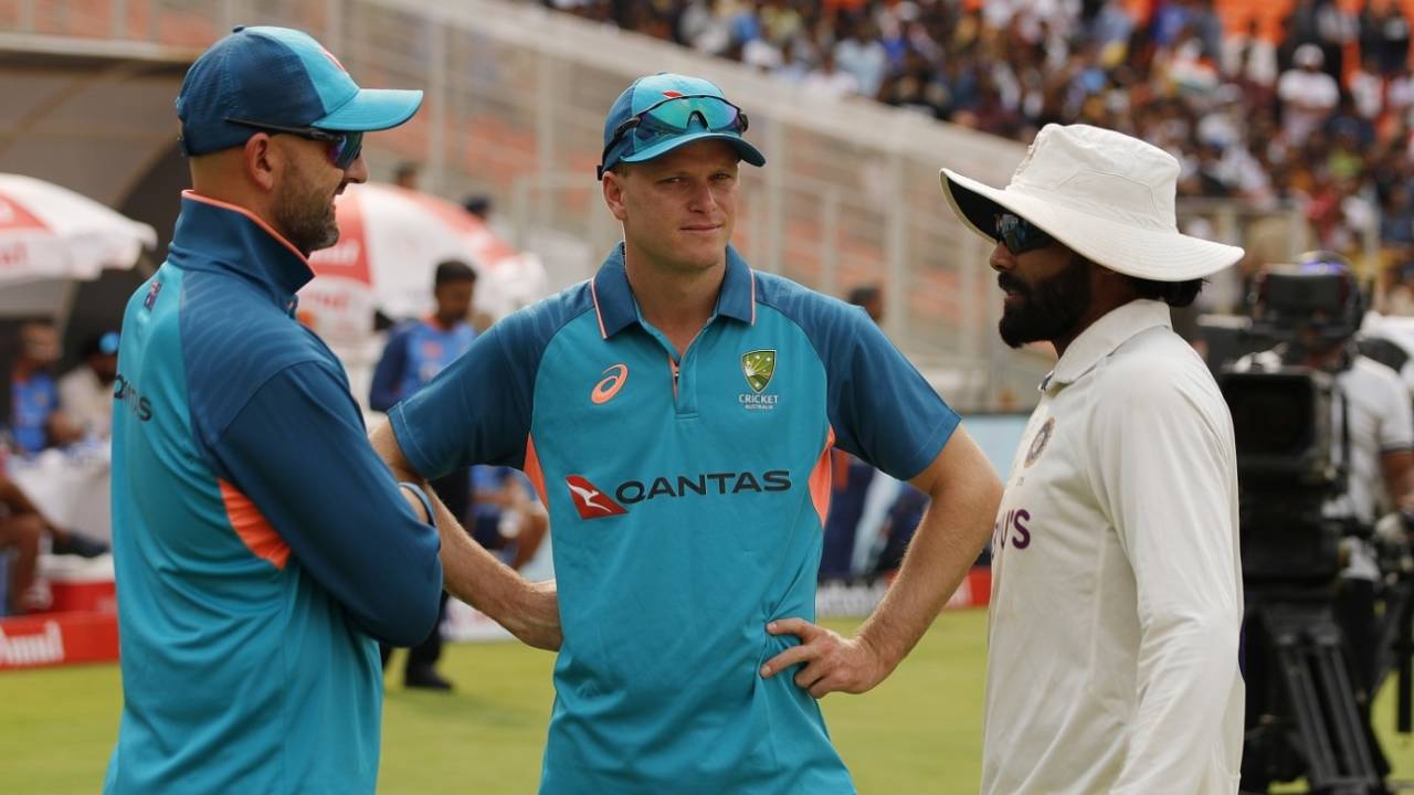 Nathan Lyon, Matt Kuhnemann and Ravindra Jadeja catch up after the day's play, India vs Australia, 4th Test, Ahmedabad, 5th day, March 13, 2023