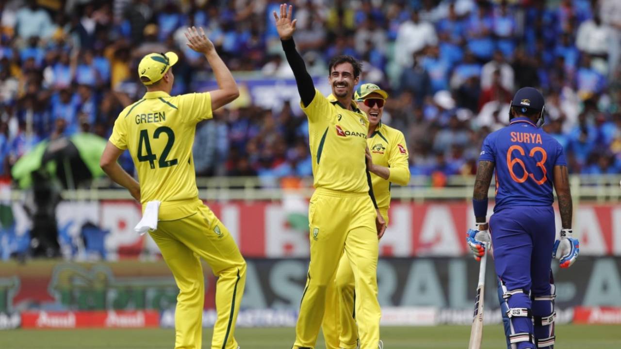 Mitchell Starc celebrates trapping Suryakumar Yadav lbw, India vs Australia, 2nd ODI, Visakhapatnam, March 19, 2023