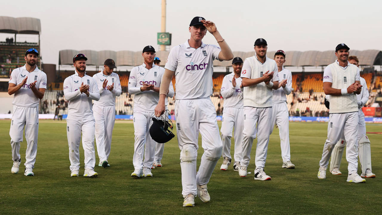 Brook leads England off the field after their win in Multan, which his second-innings hundred helped set up&nbsp;&nbsp;&bull;&nbsp;&nbsp;Matthew Lewis/Getty Images