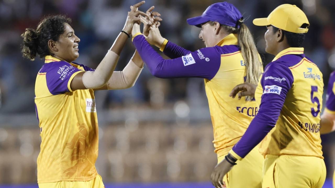S Yashasri celebrates after removing Shafali Verma, Delhi Capitals vs UP Warriorz, Women's Premier League 2023, Brabourne Stadium, Mumbai, March 21, 2023