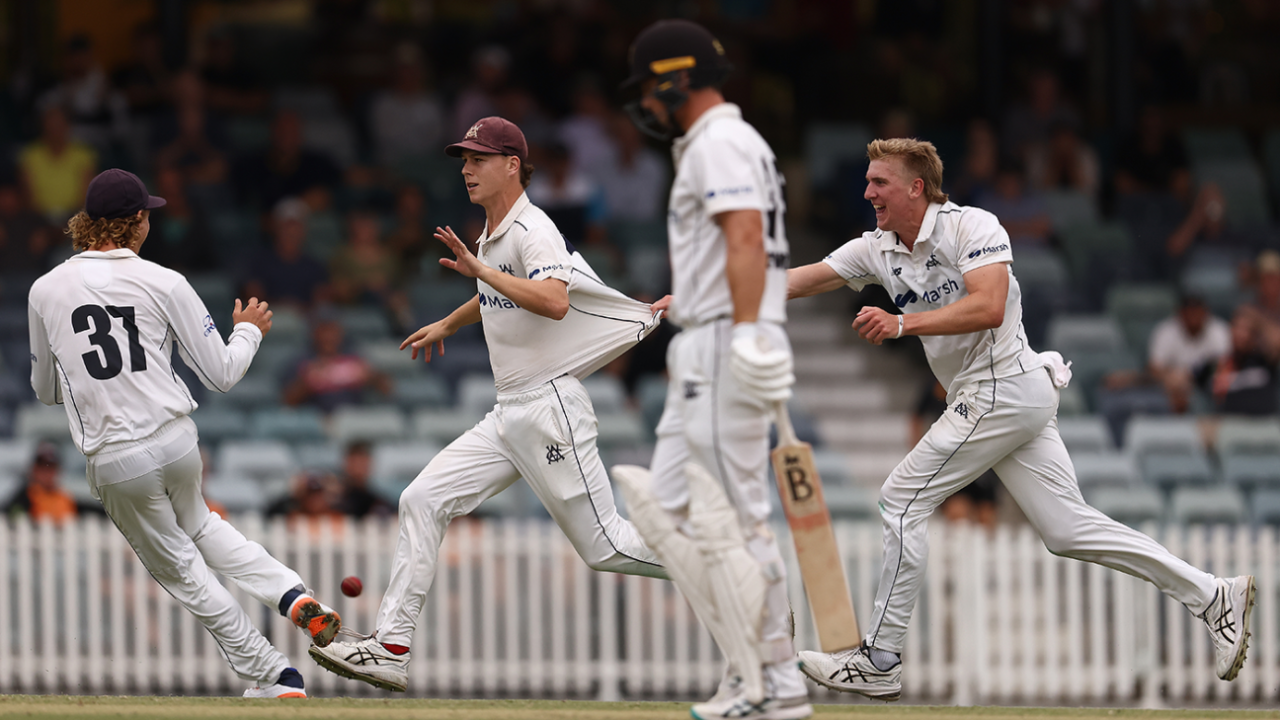 Catch him if you can: Mitch Perry is chased by team-mates after a brilliant grab, Western Australia vs Victoria, Sheffield Shield, Final, WACA, March 24, 2023