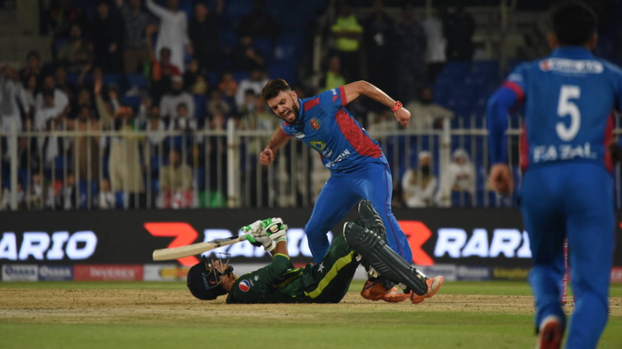 Naveen-ul-Haq celebrates after dismissing Saim Ayub&nbsp;&nbsp;&bull;&nbsp;&nbsp;Afghanistan cricket