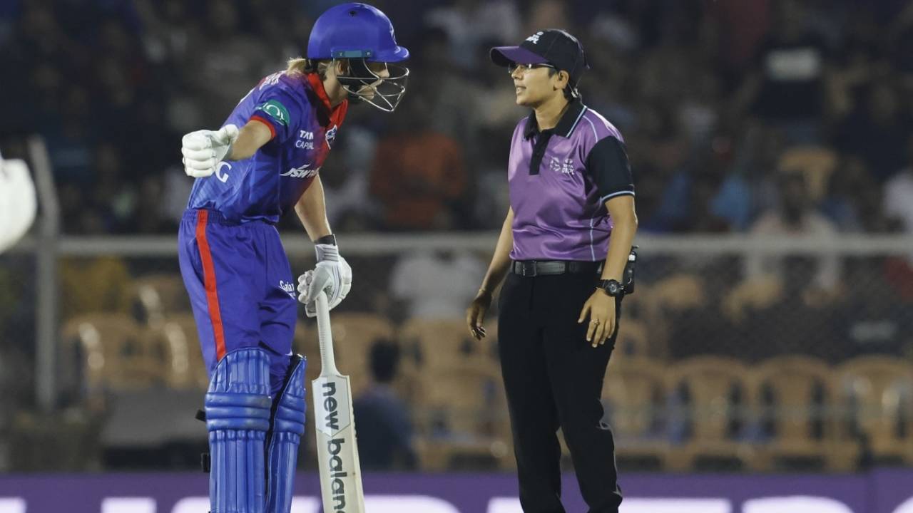 Meg Lanning checks with umpire Vrinda Rathi for a no-ball, Delhi Capitals vs Mumbai Indians, final, Brabourne, Women's Premier League, March 26, 2023