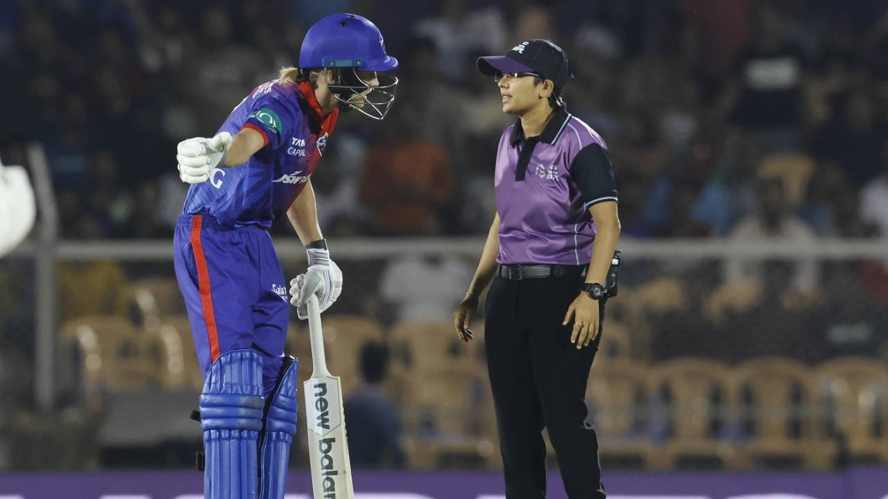 Meg Lanning checks with umpire Vrinda Rathi for a no-ball, Delhi Capitals vs Mumbai Indians, final, Brabourne, Women's Premier League, March 26, 2023