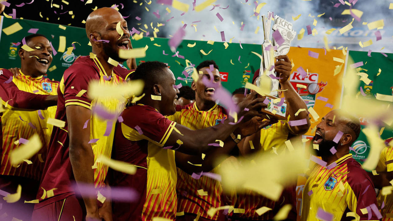 West Indies celebrate on the podium after sealing the T20I series&nbsp;&nbsp;&bull;&nbsp;&nbsp;Getty Images