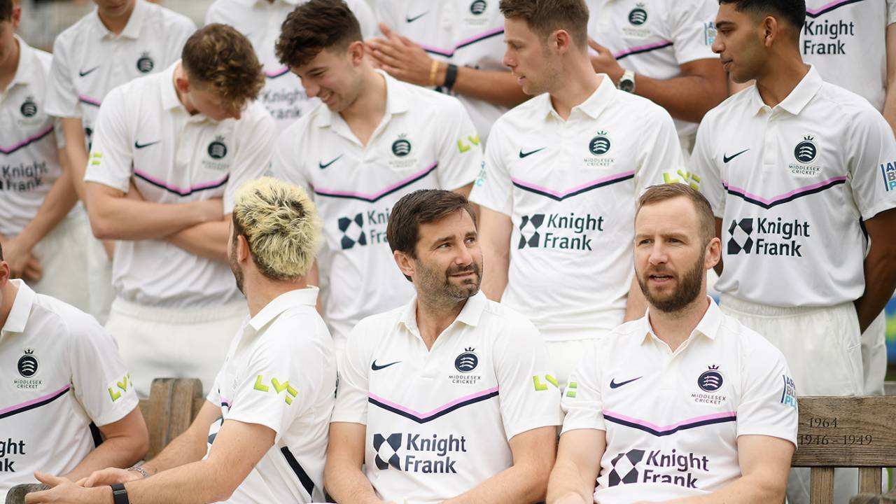 Tim Murtagh and Mark Stoneman look on during Middlesex's pre-season photocall