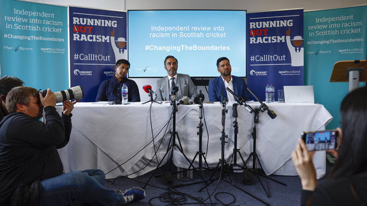 Majid Haq and Qasim Sheikh take questions at the launch of the Changing the Boundaries report, Stirling Court Hotel, Stirling, July 25, 2022