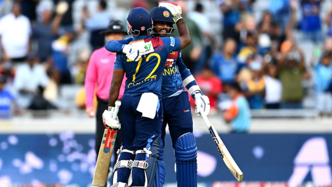 Charith Asalanka and Kusal Mendis celebrate after the Super Over • Getty Images