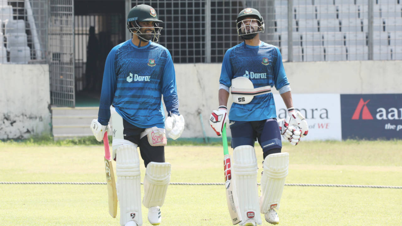Tamim Iqbal and Najmul Hossain Shanto walk out to bat in the nets, Bangladesh vs Ireland, Only Test, Dhaka, April 3, 2023