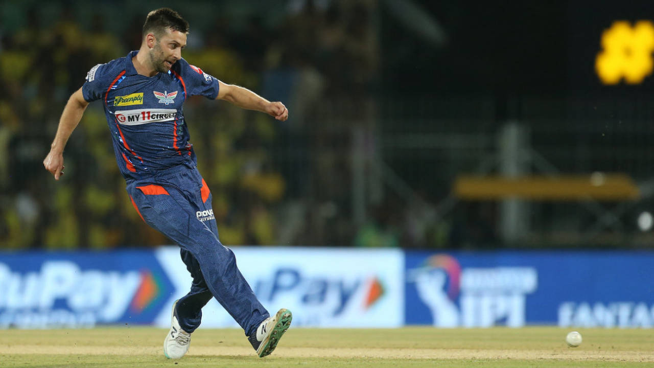 Mark Wood attempts to kick the ball on to the stumps, Chennai Super Kings vs Lucknow Super Giants, IPL 2023, Chennai, April 3, 2023