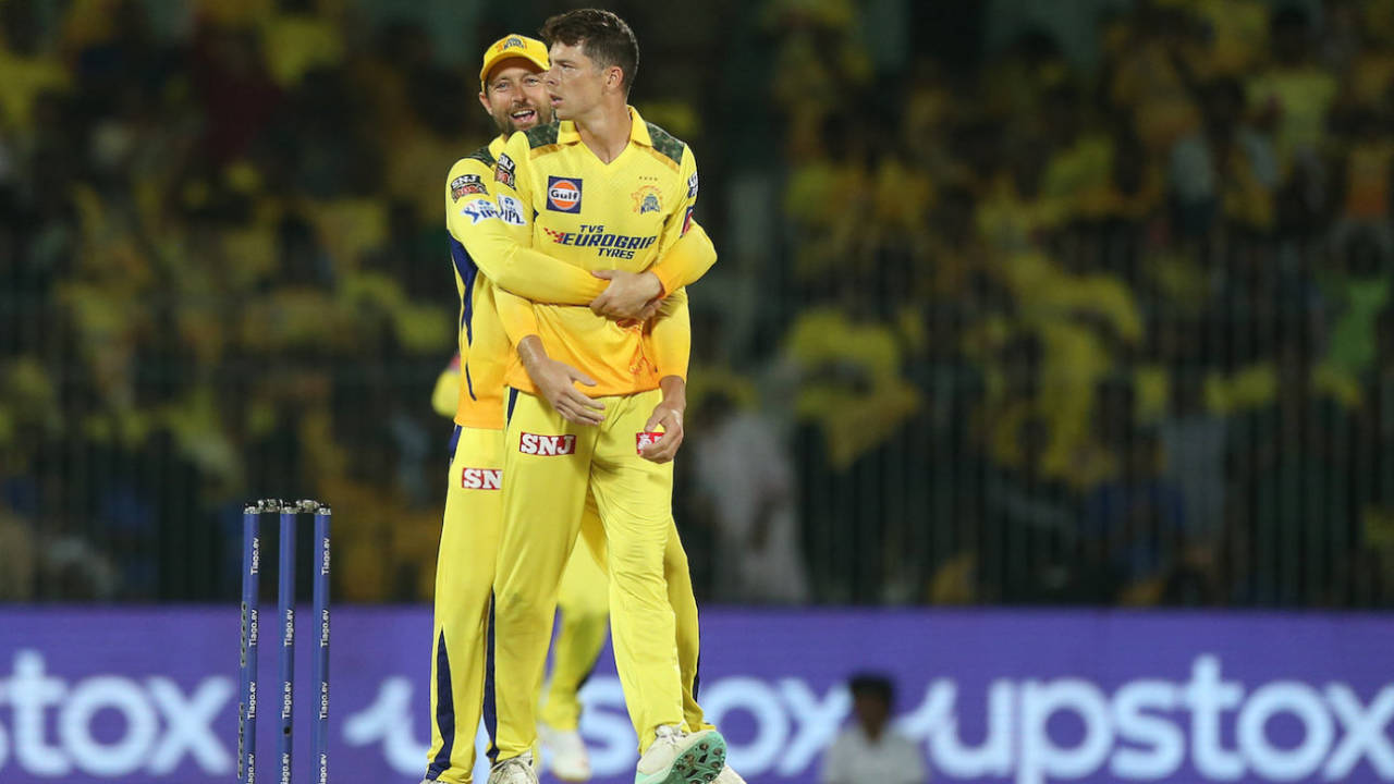 Mitchell Santner and Devon Conway celebrate a wicket, Chennai Super Kings vs Lucknow Super Giants, IPL 2023, Chennai, April 3, 2023