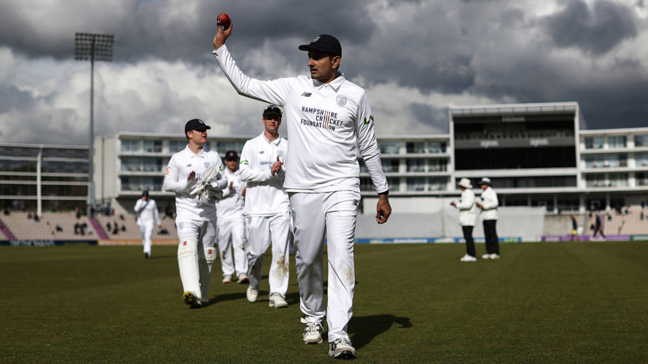 Mohammad Abbas holds the ball aloft after his six-for, Hampshire vs Nottinghamshire, County Championship, Division One, Ageas Bowl, April 6, 2023